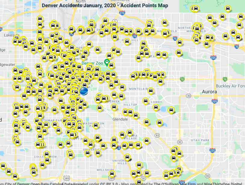 Map of car accidents in the Denver area